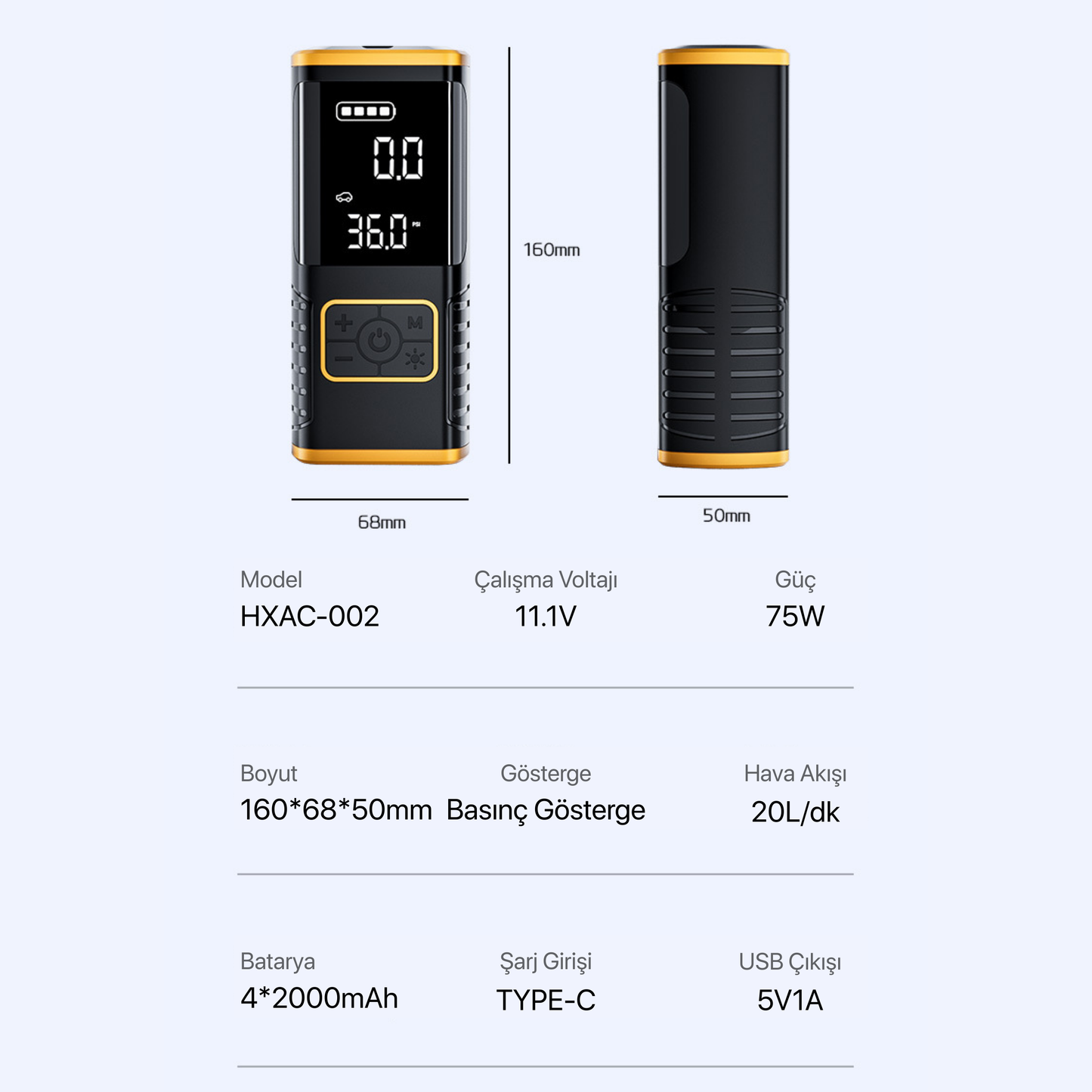 Taşınabilir Oto Hava Kompresörü 8.000 mAh